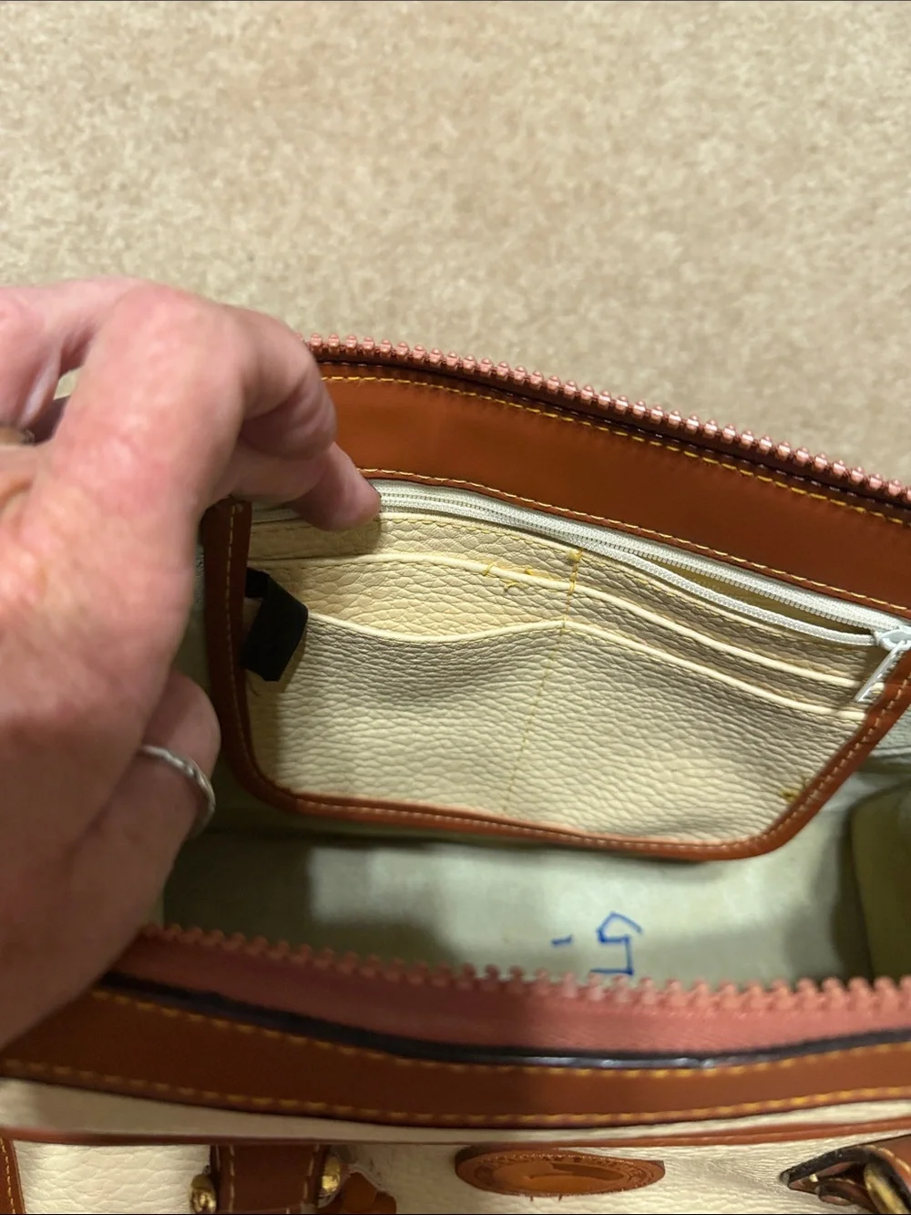 Dooney & Bourke Cream Leather Satchel with Brown Trim